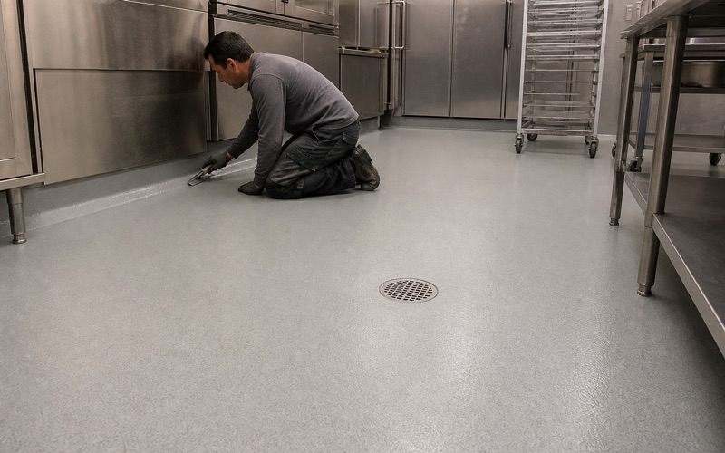 A worker rolls clear polyaspartic topcoat over a flake-broadcast garage floor in Colton, the coated band glossy and the dry flake ahead of it visibly duller.