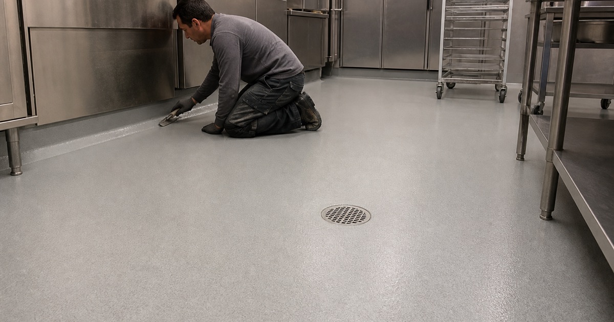 A worker rolls clear polyaspartic topcoat over a flake-broadcast garage floor in Colton, the coated band glossy and the dry flake ahead of it visibly duller.