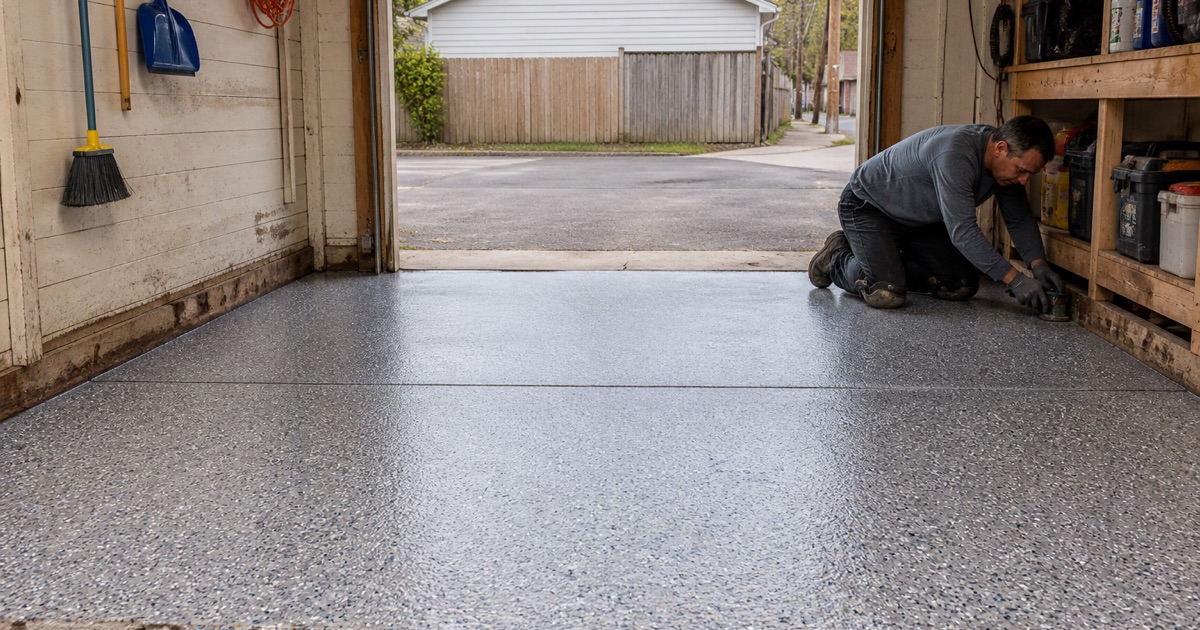 A planetary polisher mid-pass across a large older commercial floor in San Bernardino, warm satin polished concrete behind it and coarser open slab ahead.
