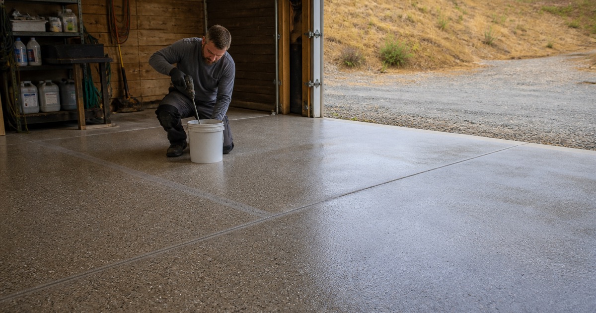 An installer rolls clear polyaspartic over flake in a modern three-car Moreno Valley garage, the glossy coated band running back toward the rear wall.
