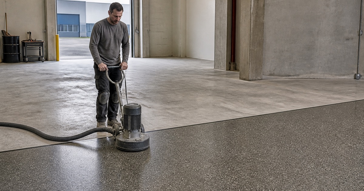 A worker forms a coved resin base at the foot of a stainless kitchen line, the seamless gray floor falling to a flush stainless drain.