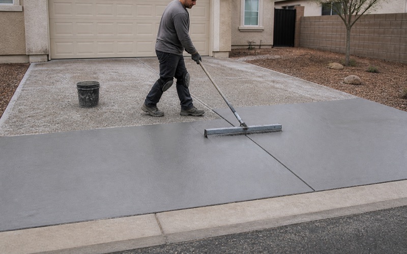 An operator runs a walk-behind planetary polisher down an older commercial corridor, polished satin concrete behind the machine and duller unfinished slab ahead of it.