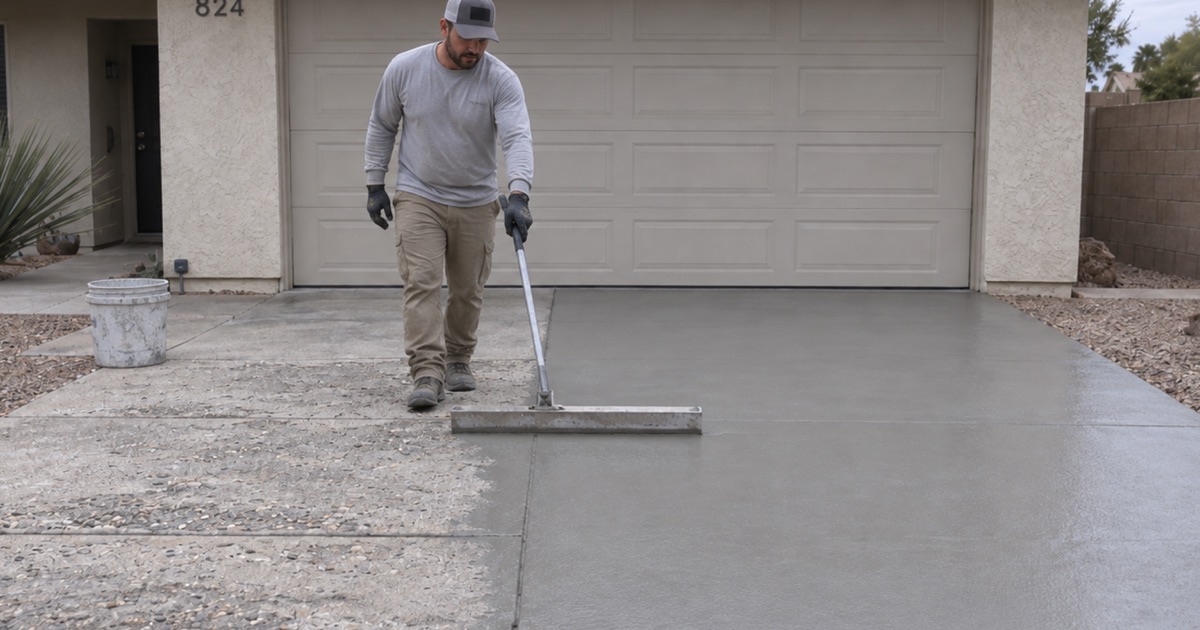 A worker runs a hand edger into the sill-plate corner of a narrow alley-accessed detached garage in Riverside, the old slab ground open across most of its area.