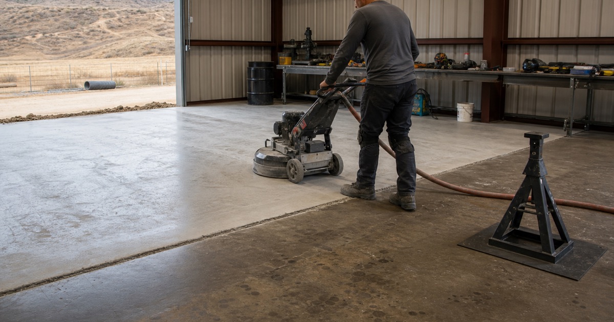 Grinding underway in a detached Bloomington shop building, a pale opened strip running across the older stained slab.