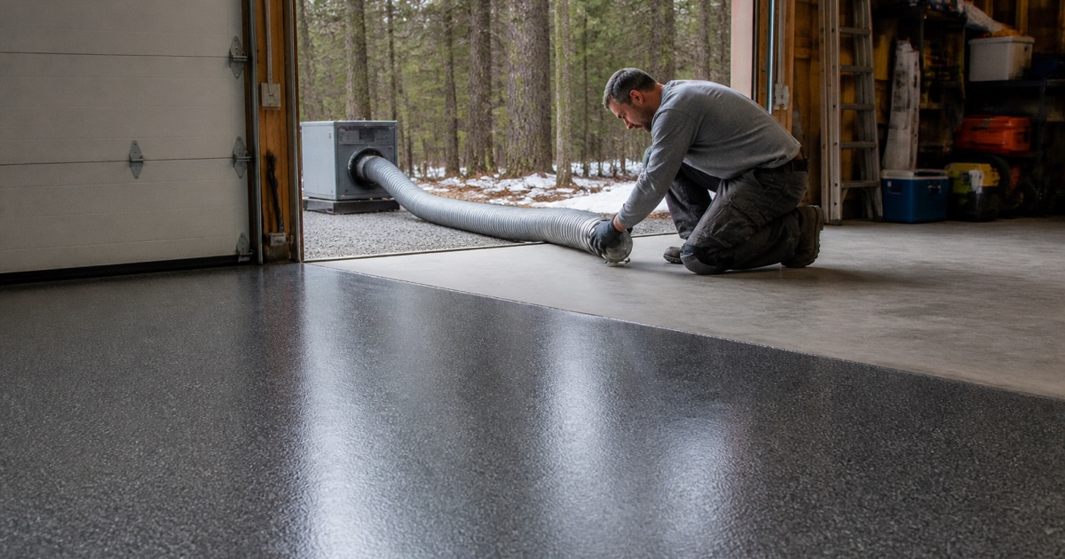 Warm air directed low across a Crestline garage slab from an outside heater, half the floor already finished in charcoal flake and half still bare.