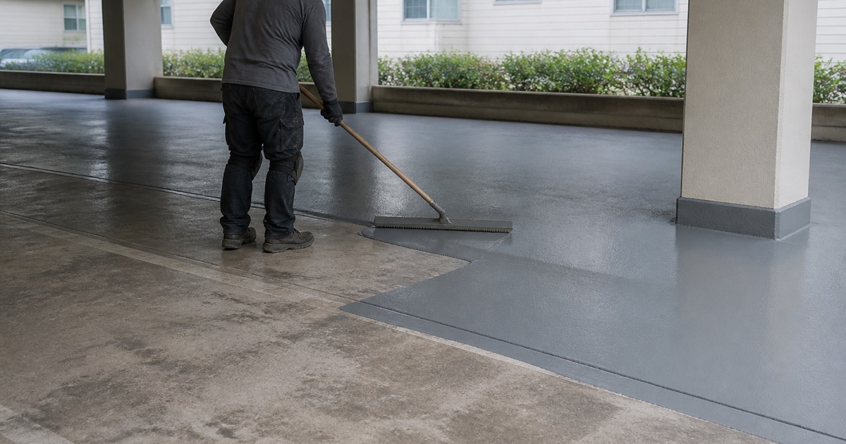 A worker steadies a mixing paddle inside a pail on the ground slab of an older detached garage in Jurupa Valley, a chased crack filled flush beside him.