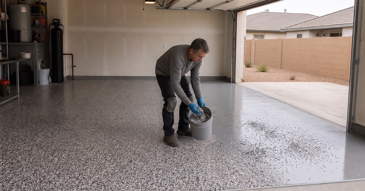Flake broadcast underway on the sound modern slab of a Highgrove attached garage, the roll-up door open to flat daylight.