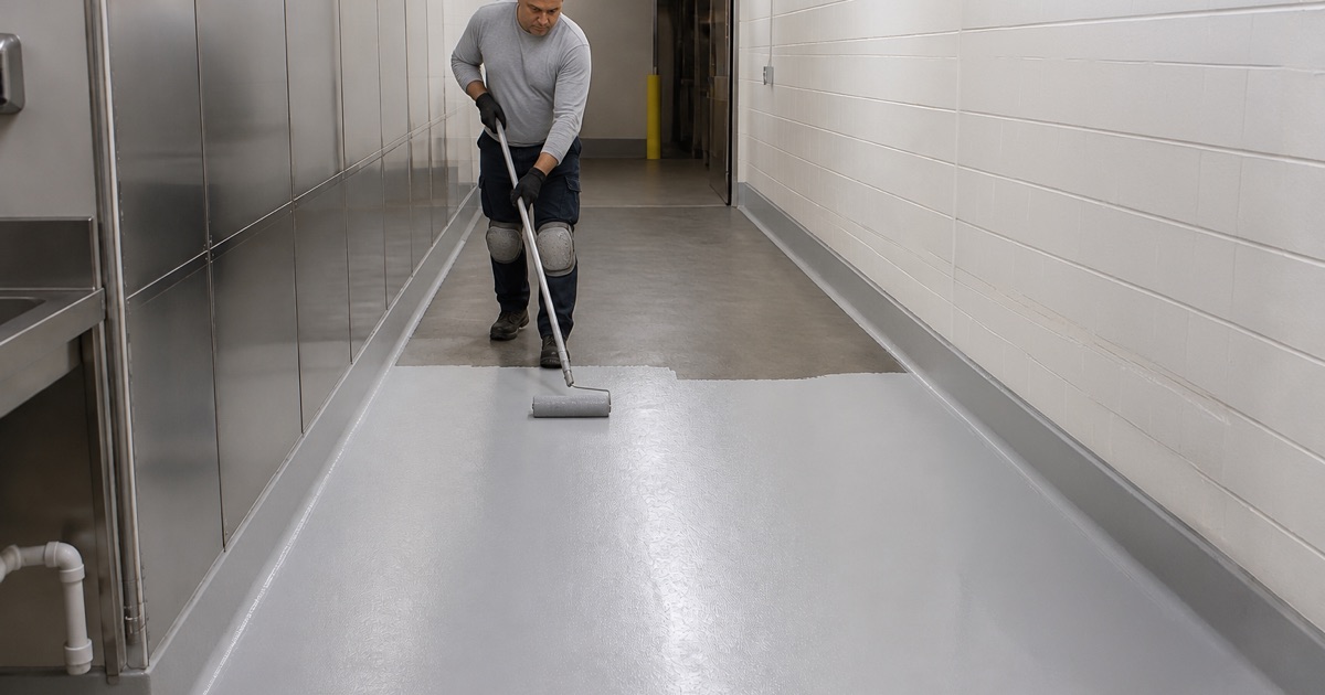 A worker forms a coved base at the edge of a heavily textured equestrian wash rack in Norco, the floor falling to a flush stainless drain.