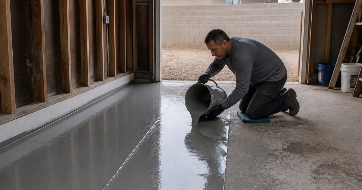 A worker coats the slab of a small detached garage in Home Gardens, a patched spall reading lighter in the floor near the open doorway.