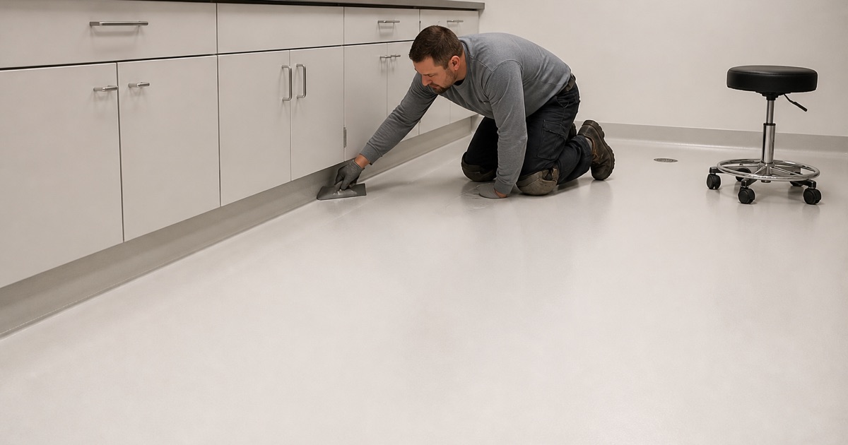 A worker rolls light gray resin coating down a resort back-of-house service corridor in Highland, the wet band ending at a stainless doorway strip.