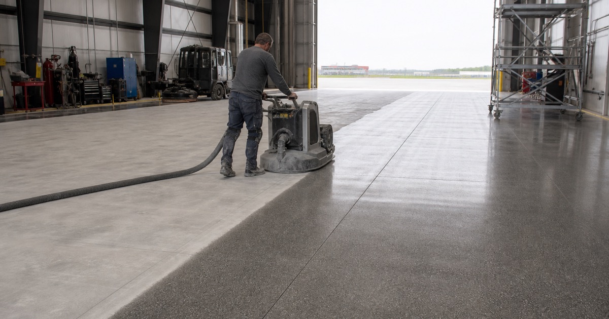A worker pulls gray traffic coating across a bay in a covered residential parking structure in Grand Terrace, an expansion joint carried through the finish.