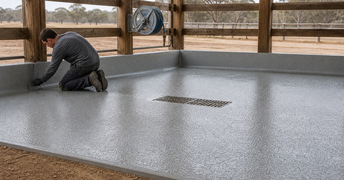 A worker rolls gray resin coating along the base of a shelving run in a Redlands retail stockroom, the wet band ending at a doorway transition strip.