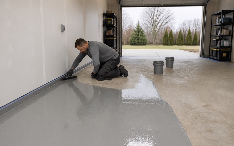 Low raking sun across a light sand-toned textured patio coating in an inland back yard, the finish turning down over a bullnose edge at the slab perimeter.