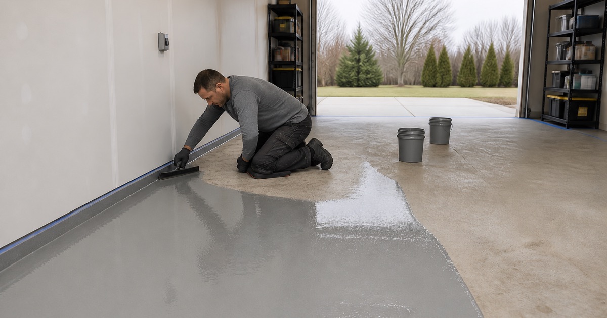 Low raking sun across a light sand-toned textured patio coating in an inland back yard, the finish turning down over a bullnose edge at the slab perimeter.