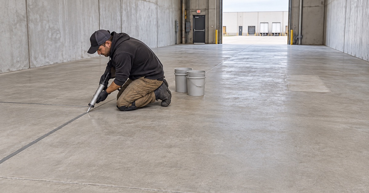 A worker lays an unlettered yellow aisle stripe across a finished gray warehouse floor in Ontario, racking legs receding toward an open dock door.