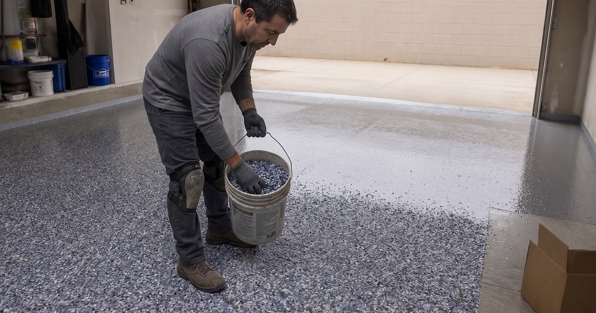 An installer draws a squeegee through a wet charcoal and pewter metallic pour, pigment separating into marbled drifts across the glossy resin.