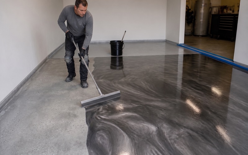 A grinder operator works a dust-shrouded planetary machine across a bare industrial slab, the ground half pale and open against the darker closed concrete ahead.
