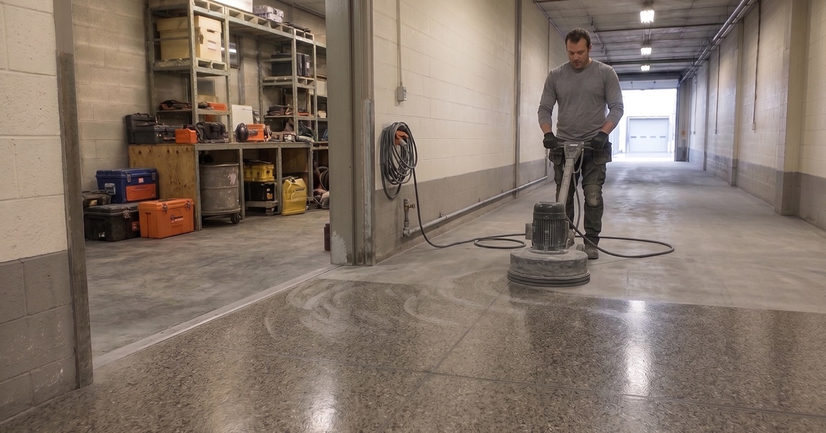 A kneeling installer pulls warm gray epoxy base coat toward the wall line of an emptied Colton two-car garage, the wet coating covering two-thirds of the slab.