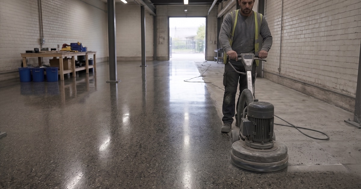 A finished charcoal and gray flake garage floor seen from the open door, the coating ending in a crisp line at the threshold with bare apron beyond.