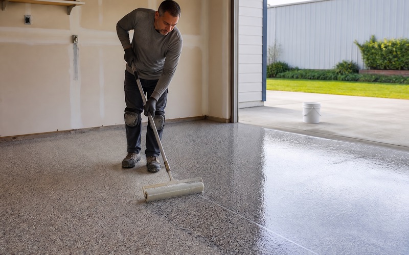 An installer spreads a thin gray cementitious overlay across a scaled residential driveway in Colton, carrying the existing control joint straight through the fresh lift.