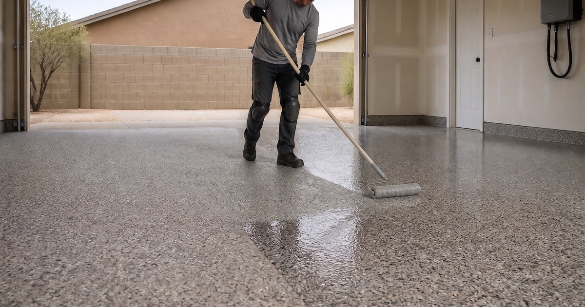 A worker draws pale seamless resin into a coved base at a laboratory cabinet plinth in Loma Linda, the jointless floor falling to a flush stainless drain.